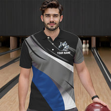 Load image into Gallery viewer, Personalized Black, Gray and Blue Bowling Shirts For Men, Bowling Balls And Pins Bowling Team Shirts NQS9784
