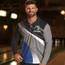 Load image into Gallery viewer, Personalized Black, Gray and Blue Bowling Shirts For Men, Bowling Balls And Pins Bowling Team Shirts NQS9784