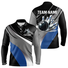 Load image into Gallery viewer, Personalized Black, Gray and Blue Bowling Shirts For Men, Bowling Balls And Pins Bowling Team Shirts NQS9784