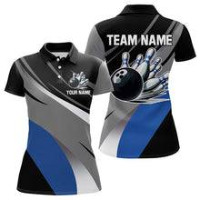 Load image into Gallery viewer, Personalized Black, Gray and Blue Bowling Shirts For Women, Bowling Balls And Pins Bowling Team Shirts NQS9784