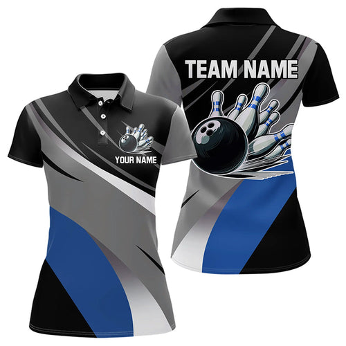 Personalized Black, Gray and Blue Bowling Shirts For Women, Bowling Balls And Pins Bowling Team Shirts NQS9784
