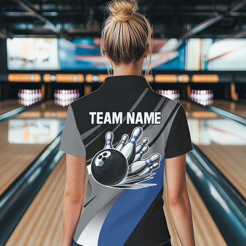 Personalized Black, Gray and Blue Bowling Shirts For Women, Bowling Balls And Pins Bowling Team Shirts NQS9784