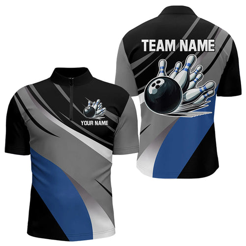 Personalized Black, Gray and Blue Bowling Shirts For Men, Bowling Balls And Pins Bowling Team Shirts NQS9784