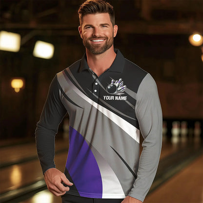 Personalized Black, Gray and Purple Bowling Shirts For Men, Bowling Balls And Pins Bowling Team Shirts NQS9785