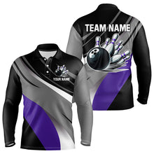 Load image into Gallery viewer, Personalized Black, Gray and Purple Bowling Shirts For Men, Bowling Balls And Pins Bowling Team Shirts NQS9785