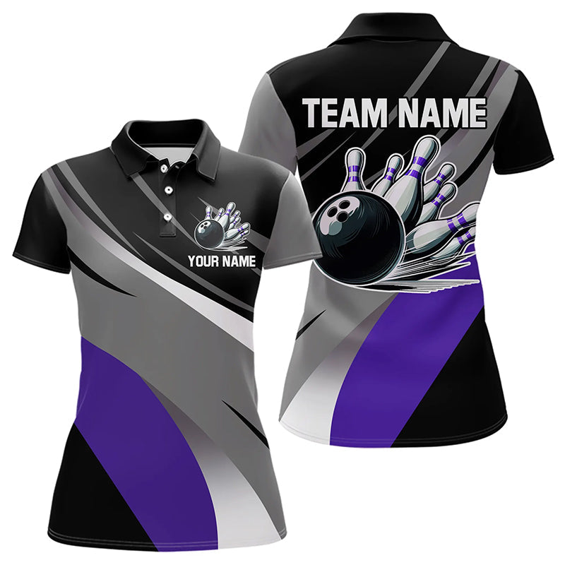 Personalized Black, Gray and Purple Bowling Shirt For Women, Bowling Ball And Pins Bowling Team Shirts NQS9785