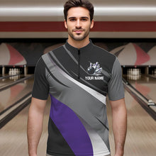 Load image into Gallery viewer, Personalized Black, Gray and Purple Bowling Shirts For Men, Bowling Balls And Pins Bowling Team Shirts NQS9785