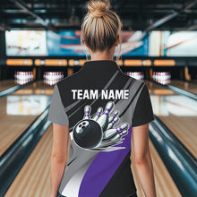 Load image into Gallery viewer, Personalized Black, Gray and Purple Bowling Shirt For Women, Bowling Ball And Pins Bowling Team Shirts NQS9785