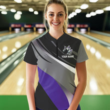 Load image into Gallery viewer, Personalized Black, Gray and Purple Bowling Shirt For Women, Bowling Ball And Pins Bowling Team Shirts NQS9785