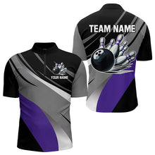 Load image into Gallery viewer, Personalized Black, Gray and Purple Bowling Shirts For Men, Bowling Balls And Pins Bowling Team Shirts NQS9785
