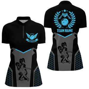 Black Bowling Jerseys For Women Custom Retro Bowling Shirts For Team Bowlers | Blue NQS7551