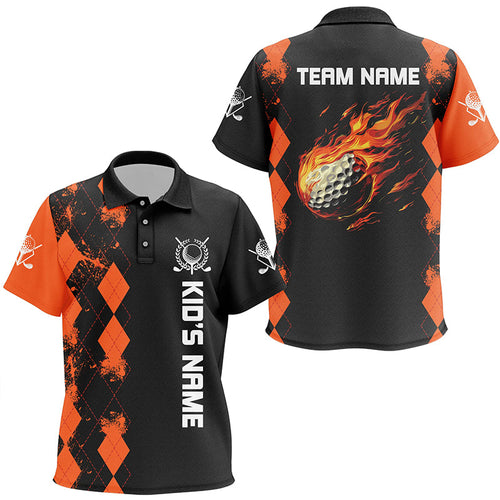 Black Kid golf polos shirt custom orange argyle pattern flame golf ball golf tops for Kid NQS7556