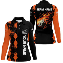 Load image into Gallery viewer, Black Womens golf polo shirts custom orange argyle pattern flame golf ball golf tops for team ladies NQS7556