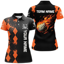 Load image into Gallery viewer, Black Womens golf polo shirts custom orange argyle pattern flame golf ball golf tops for team ladies NQS7556