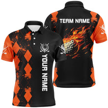 Load image into Gallery viewer, Black Mens golf polo shirts custom orange argyle pattern flame golf ball golf tops for mens NQS7556