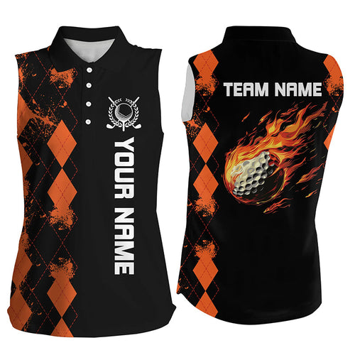 Black Womens sleeveless golf polo shirts custom orange argyle pattern flame golf ball ladies golf tops NQS7556