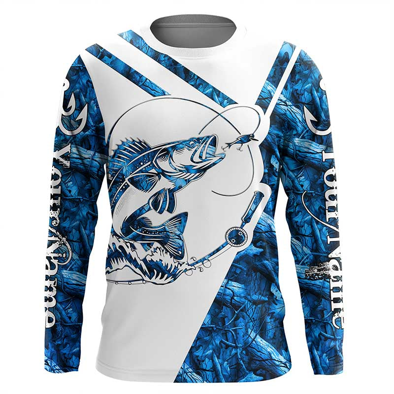 Walleye Fishing blue camo UV protection Custom long sleeves fishing shirts, Walleye fishing jerseys NQS7942