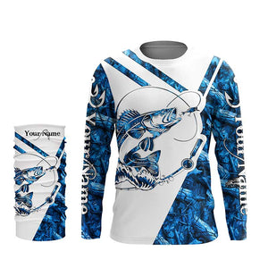 Walleye Fishing blue camo UV protection Custom long sleeves fishing shirts, Walleye fishing jerseys NQS7942