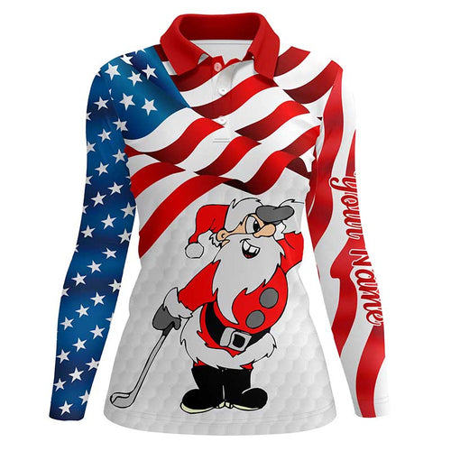 Christmas Santa American flag patriotic custom Women golf polo shirts, Xmas US flag golf shirts ladies NQS7947