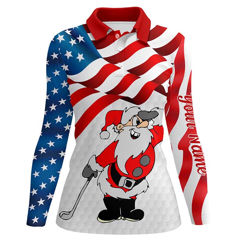 Christmas Santa American flag patriotic custom Women golf polo shirts, Xmas US flag golf shirts ladies NQS7947