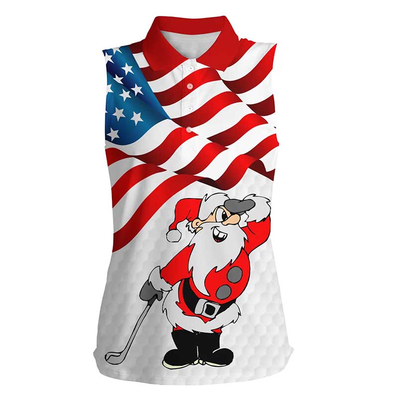 Christmas Santa American flag patriotic Women sleeveless polo shirt, Xmas US flag golf shirts ladies NQS7947