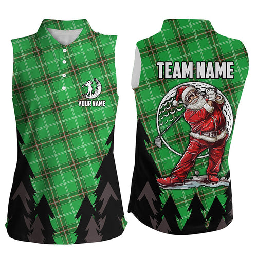 Green Argyle Pattern Santa Golfer custom Women sleeveless golf polo shirt, Christmas team golf shirts NQS8154