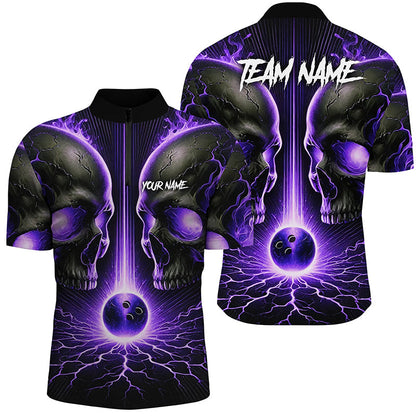 Purple Flame Custom Skull Bowling Shirts For Men, Skull Bowling Team Shirts NQS8373
