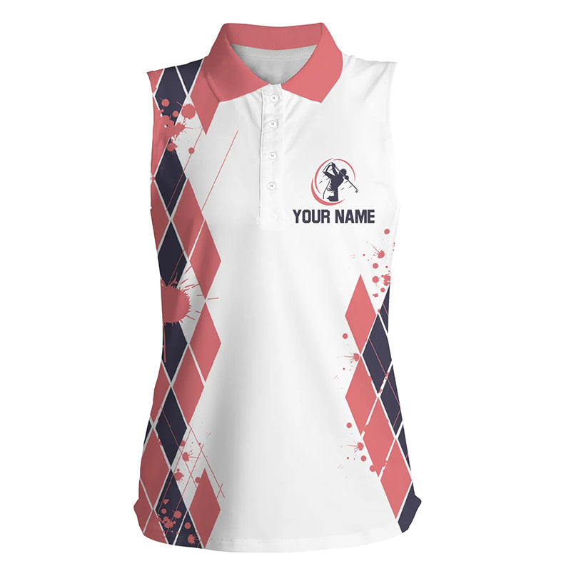 Blue and Pink argyle pattern White Golf sleeveless Polo Shirt for Women Custom women's golf clothing NQS8575