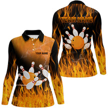 Load image into Gallery viewer, Black and Orange Flame Bowling Polo, Quarter zip Shirt For Women Custom Team Bowling Jerseys with name NQS8826