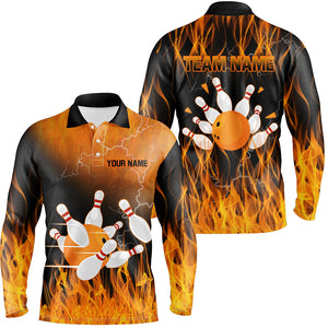 Black and Orange Flame Bowling Polo, Quarter zip Shirt For Men Custom Team Bowling Jerseys with name NQS8826