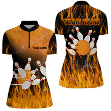 Load image into Gallery viewer, Black and Orange Flame Bowling Polo, Quarter zip Shirt For Women Custom Team Bowling Jerseys with name NQS8826