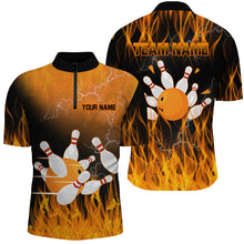 Load image into Gallery viewer, Black and Orange Flame Bowling Polo, Quarter zip Shirt For Men Custom Team Bowling Jerseys with name NQS8826