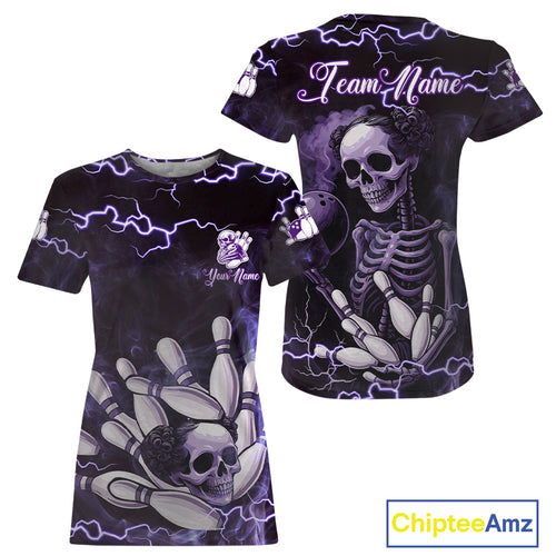 Purple Lightning Thunder Women Skull Bowling Jerseys For Women Custom Bowling Team T-Shirts With Name NQS10971