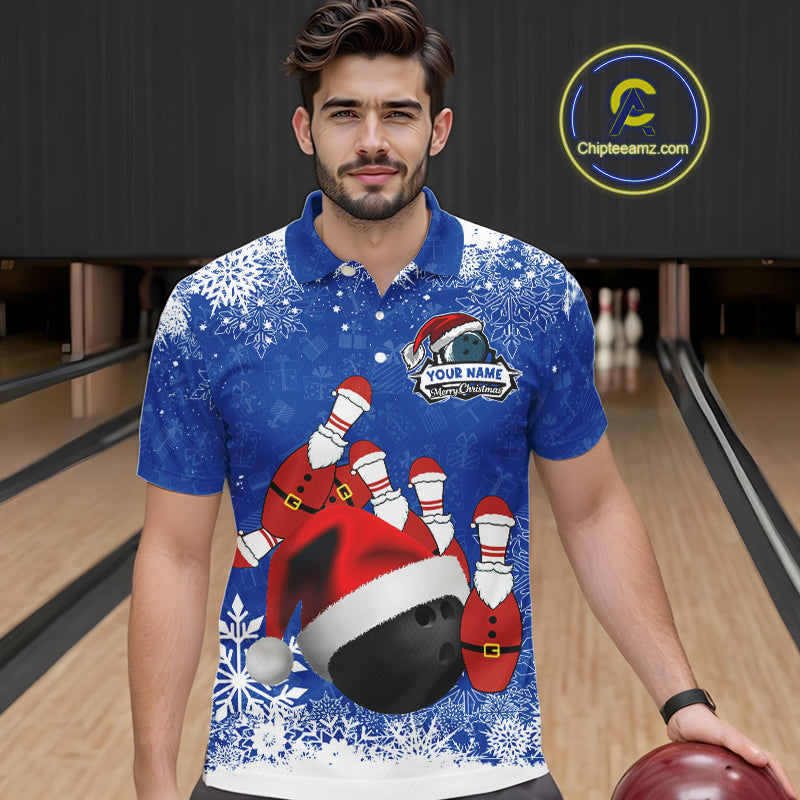 Mens bowling shirts Custom Funny Christmas snowflake Santa Bowling Ball pins Team Jersey | Blue NQS11142