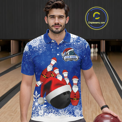 Mens bowling shirts Custom Funny Christmas snowflake Santa Bowling Ball pins Team Jersey | Blue NQS11142