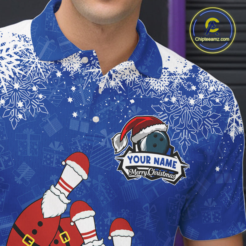 Mens bowling shirts Custom Funny Christmas snowflake Santa Bowling Ball pins Team Jersey | Blue NQS11142