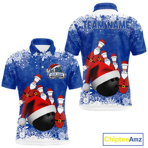 Mens bowling shirts Custom Funny Christmas snowflake Santa Bowling Ball pins Team Jersey | Blue NQS11142