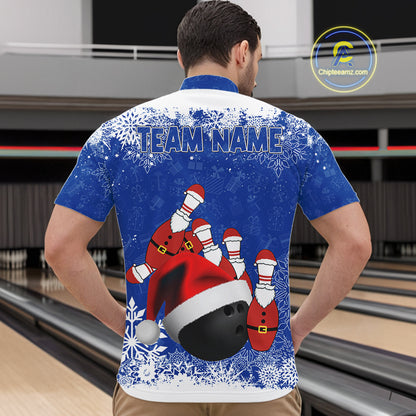 Mens bowling shirts Custom Funny Christmas snowflake Santa Bowling Ball pins Team Jersey | Blue NQS11142