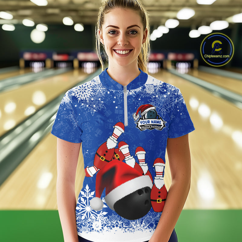 Womens bowling shirts Custom Funny Christmas snowflake Santa Bowling Ball pins Team Jersey | Blue NQS11142