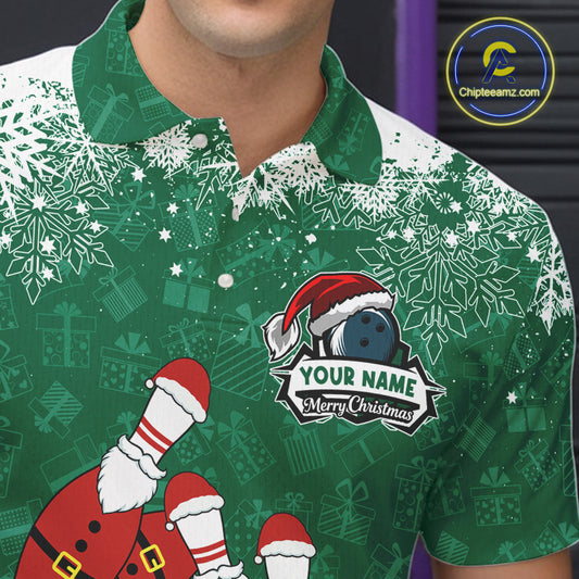 Mens bowling shirts Custom Funny Christmas snowflake Santa Bowling Ball pins Team Jersey | Green NQS11143