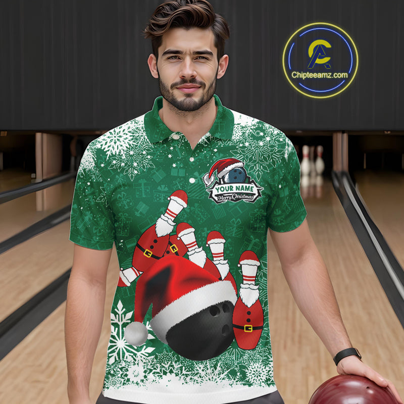 Mens bowling shirts Custom Funny Christmas snowflake Santa Bowling Ball pins Team Jersey | Green NQS11143