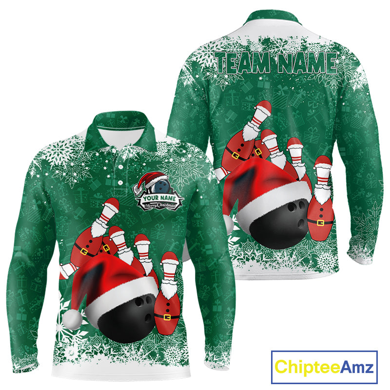 Mens bowling shirts Custom Funny Christmas snowflake Santa Bowling Ball pins Team Jersey | Green NQS11143