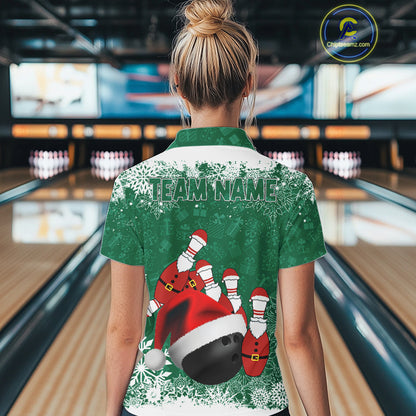 Womens bowling shirts Custom Funny Christmas snowflake Santa Bowling Ball pins Team Jersey | Green NQS11143