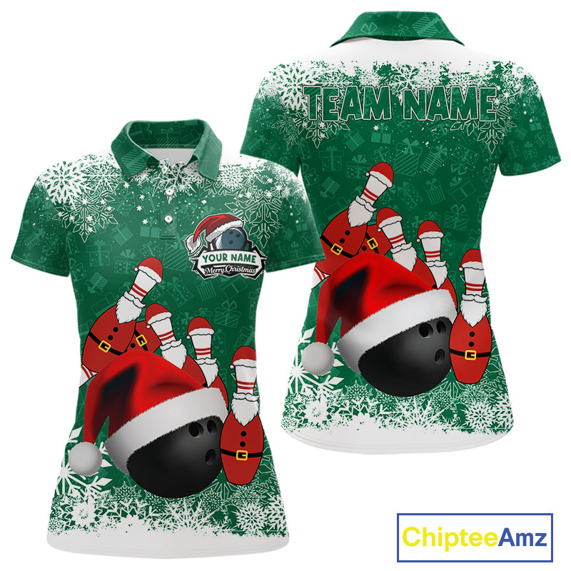 Womens bowling shirts Custom Funny Christmas snowflake Santa Bowling Ball pins Team Jersey | Green NQS11143