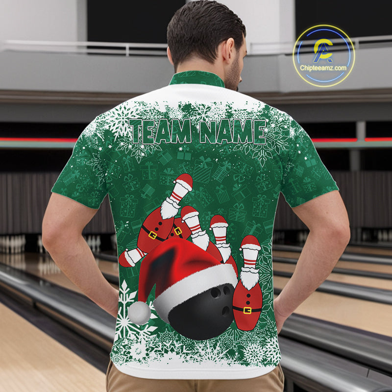 Mens bowling shirts Custom Funny Christmas snowflake Santa Bowling Ball pins Team Jersey | Green NQS11143