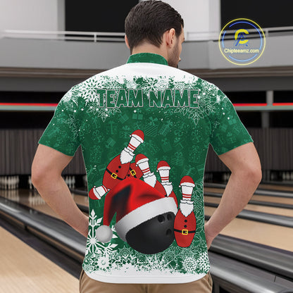 Mens bowling shirts Custom Funny Christmas snowflake Santa Bowling Ball pins Team Jersey | Green NQS11143