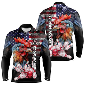 American Flag Rooster Bowling Polo, Quarter Zip Shirts for Men Custom patriotic Team Bowling jerseys NQS9296