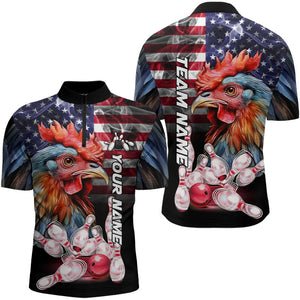 American Flag Rooster Bowling Polo, Quarter Zip Shirts for Men Custom patriotic Team Bowling jerseys NQS9296