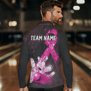 Personalized Pink Ribbons Grunge Bowling Shirts For Men, Custom breast cancer bowling Team shirts NQS9613