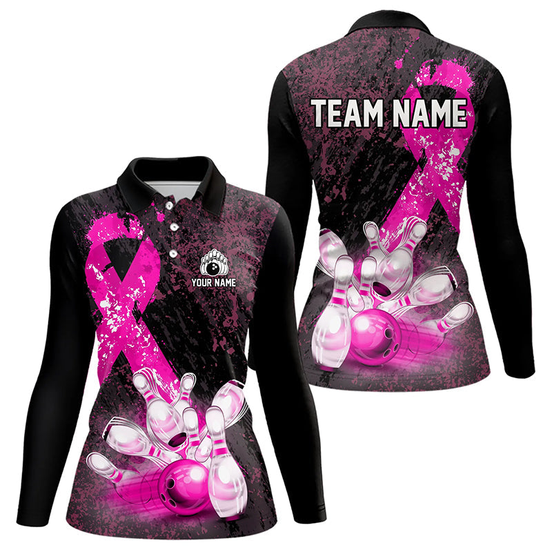 Personalized Pink Ribbons Grunge Bowling Shirts For Women, Custom breast cancer bowling Team shirts NQS9613
